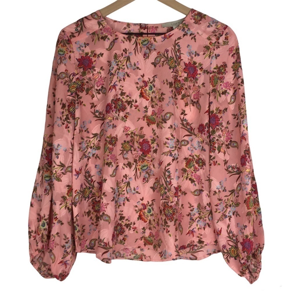 LOFT Blouse Top Floral Paisley Textured Long Sleeve Keyhole Draped Sleeves Small